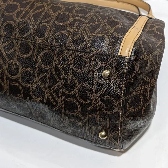 Calvin Klein Signature Tote Shoulder Bag Brown CK Monogram Print Brown Leather